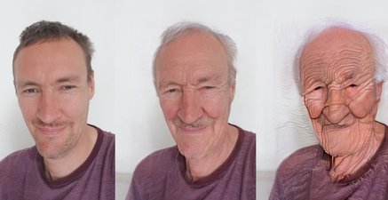 Drei Porträts desselben Mannes, durch KI optisch jeweils in einem anderen Alter