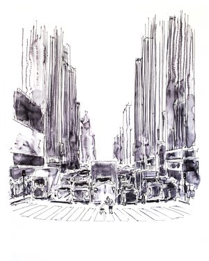 Karikatur: Eine imposante Straßenschlucht. Darin fast nicht zu sehen, eine alte Frau mit einem Rollator, die in ihrem Smart-Phone versunken auf einem Zebrastreifen die Straße überquert.