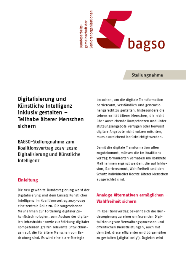 BAGSO-Stellungnahme Digitalisierung und KI inklusiv gestalten