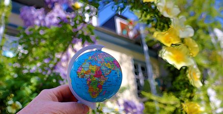 Ins Bild gehaltener Globus vor Hauswand mit Blumenranke. Die Farben der Länder finden sich im Umgebungsfeld wieder.