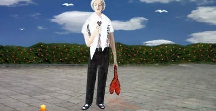Frau vor weißblauem Himmel mit rotem Herzen in der Hand