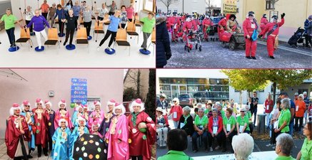 Collage von Senioren-1x Gymnastik, 2x beim Fasching, 1x beim Spendenlauf