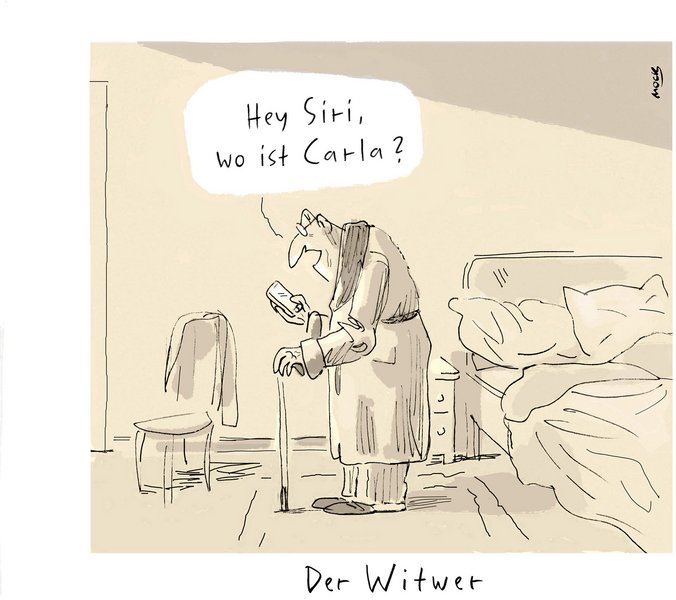 Karikatur "Der Witwer": Alter Mann im Bademantel steht neben seinem Bett und fragt in sein Smart-Phone: "Hey Siri, wo ist Carla?"