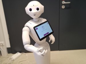 Ein weißer Roboter. Er hat auf der Brust einen Bildschirm. Es sieht auch als wenn er mit einem Arm gestikuliert.