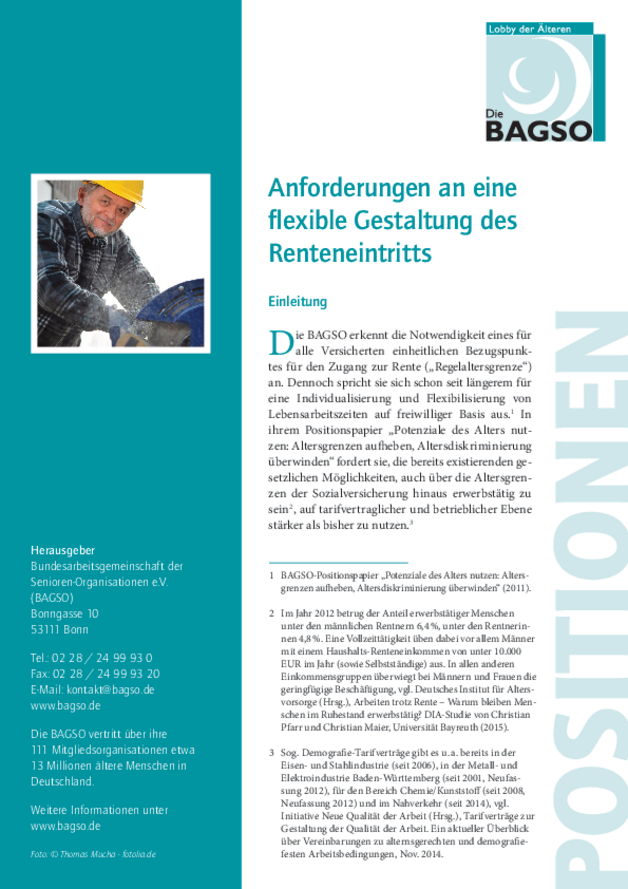 BAGSO Positionspapier Anforderungen an eine flexible Gestaltung des Renteneintritts