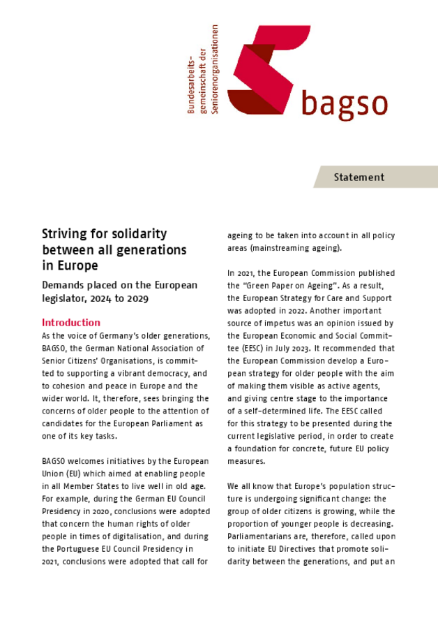 BAGSO-Statement "Striving for solidarity between all generation in Europe"