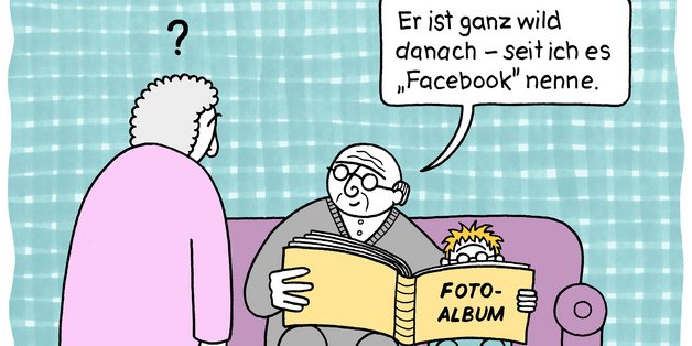 Karikatur Opa sitzt mit Enkel auf Sofa