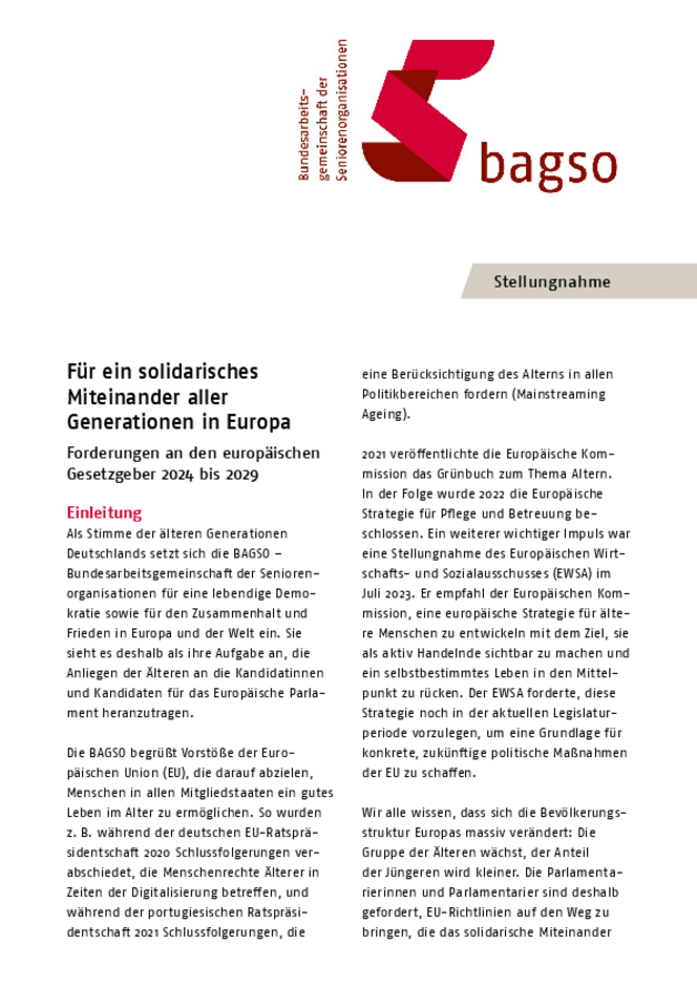 BAGSO-Stellungnahme "Für ein solidarisches Miteinander aller Generationen in Europa"