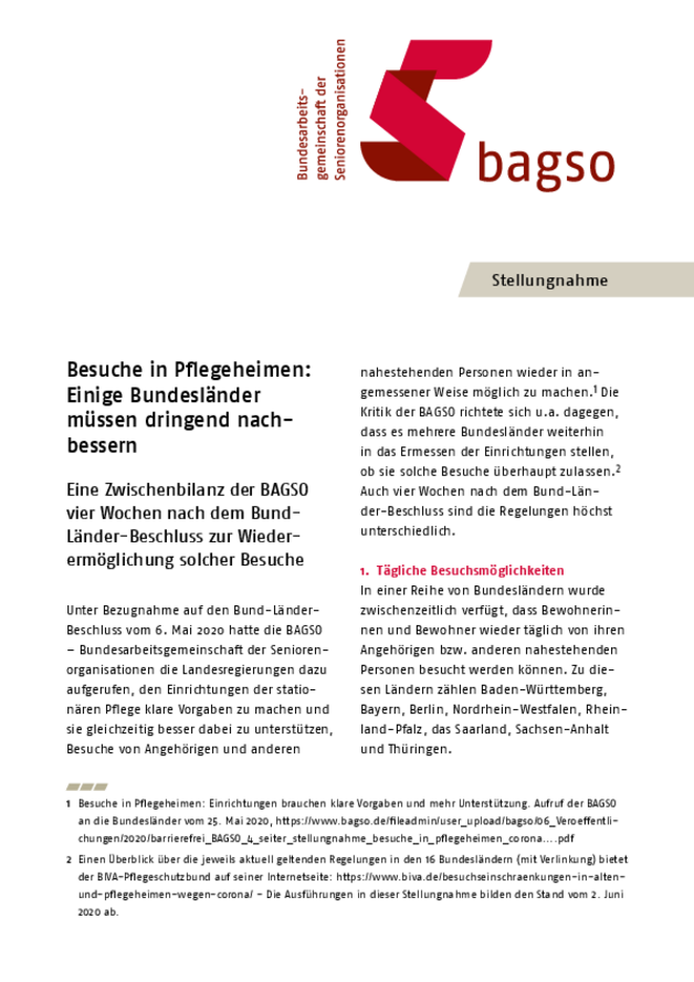 BAGSO-Stellungnahme Besuche in Pflegeheimen_Zwischenbilanz