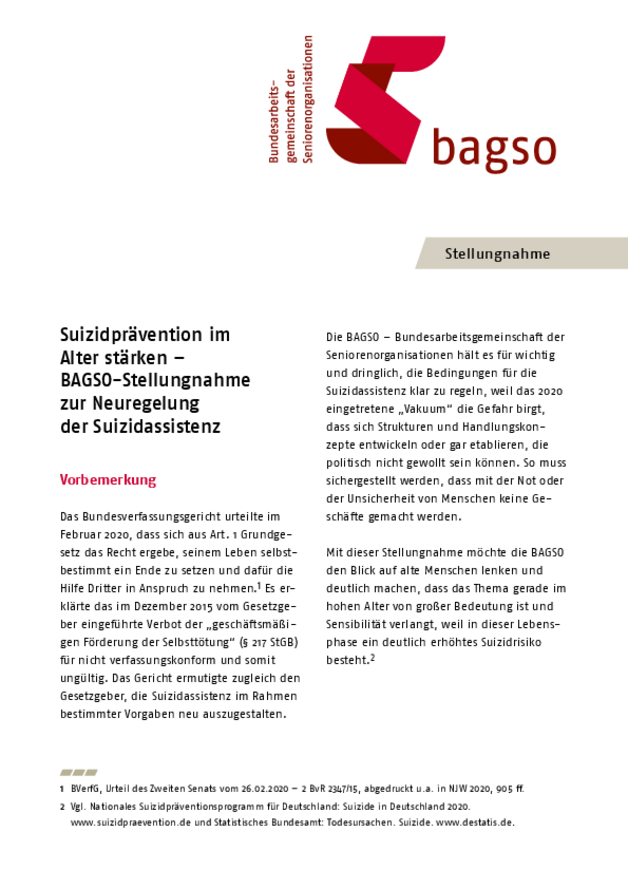 Suizidprävention im Alter stärken - BAGSO-Stellungnahme zur Neuregelung der Suizidassistenz