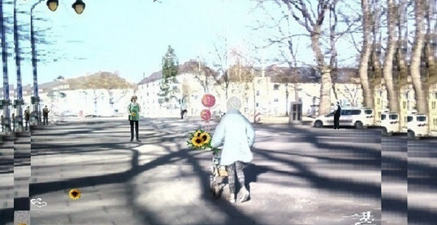 Alte Frau mit Rollator und Sonnenblumen und Luftballons