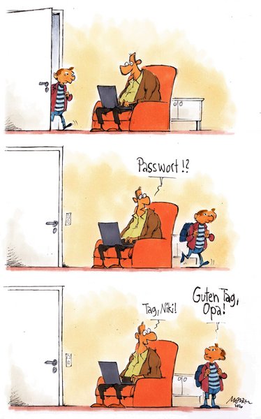 Karikatur: Junge kommt zur Tür rein. Alter Mann im Sessel sitzen mit Laptop fragt: "Passwort!? - Tag, Niki" Der Junge antwortet: "Guten Tag, Opa!"