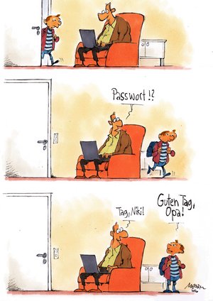 Karikatur: Junge kommt zur Tür rein. Alter Mann im Sessel sitzen mit Laptop fragt: "Passwort!? - Tag, Niki" Der Junge antwortet: "Guten Tag, Opa!"