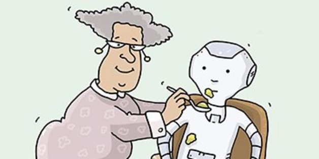 Karikatur: Alte Frau füttert einen Roboter, der in einem Sessel sitzt. Darunter der Kommentar "Seit Frau Hansen den Pflegeroboter hat, geht es ihr viel besser."