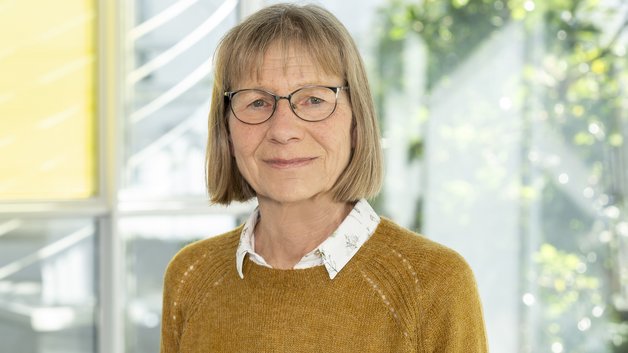 Portrait Ute Schlütter: Frau mitteleren Alters mit Brille und schulterlangem, dunkeblonden Haar. Sie trägt eine Bluse mit gelbem Pullover.