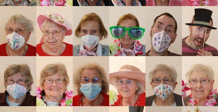 Collage aus Vorher-Nachher-Fotos: Senioren mit Maske zu Corona, Senioren ohne danach