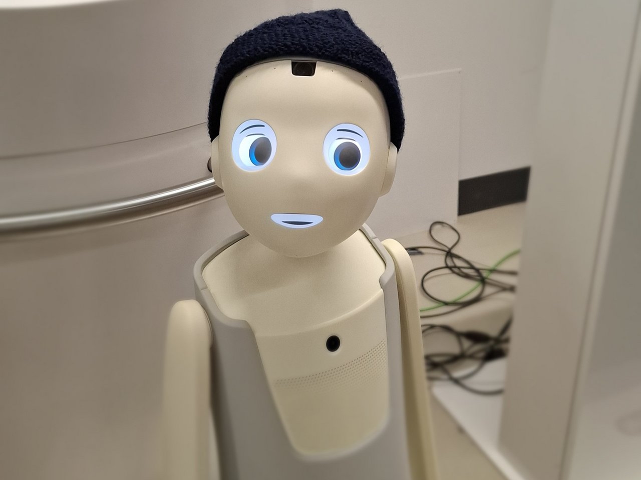 Portrait eines Roboters mit Pudelmütze und Kulleraugen. Klick öffnet eine vergrößerte Ansicht.
