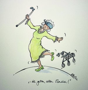 Karikatur: Alte Frau trägt eine VRR-Brille und tanzt mit ihrem Gehstock in der Hand und schmeißt den Rollator von sich. Als Unterschrift: "Die guten alten Filmchen!"