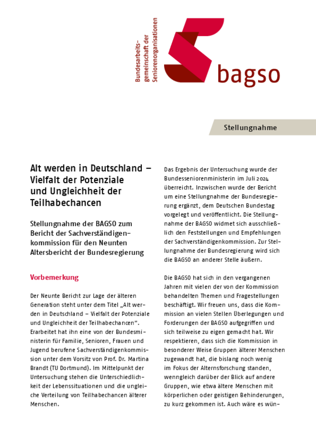 Stellungnahme zum 9. Altersbericht "Altwerden in Deutschland"