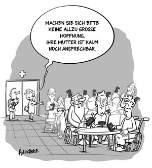 Karikatur: Im Aufenthaltsraum eines Seniorenheims sind alle intensiv mit ihrem Smartphone beschäftig. In der Tür steht ein Besucher mit Blumenstrauß, die Pflegerin zeigt in den Raum und sagt zu ihm: "Machen Sie sich bitte keine allzu grosse Hoffnung. Ihre Mutter ist kaum noch ansprechbar."