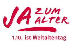 Auf weißem Hintergrund  steht der rote Schriftzug "JA zum Alter" Darunter "1.10. ist Weltaltentag." 