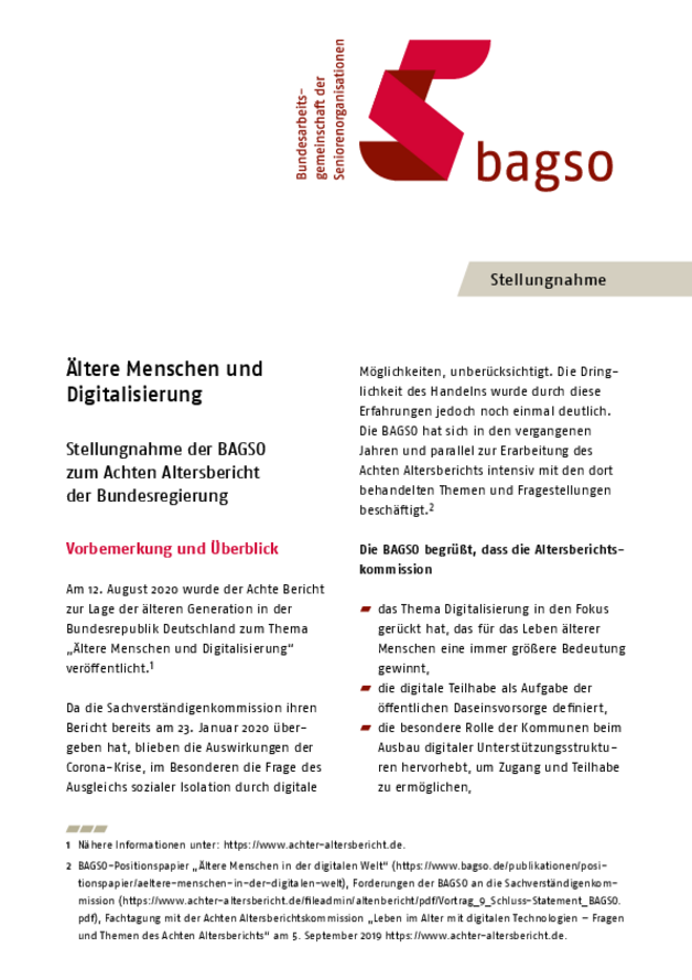 BAGSO-Stellungnahme "Ältere Menschen und Digitalisierung"