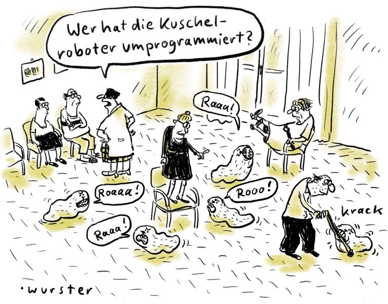 Karikatur: Aufenthaltsraum in einem Pflegeheim. Auf dessen Boden sind Pflegeroboter, die auf die Bewohner angreifen. Eine Pflegerin fragt in den Raum: "Wer hat die Kuschelroboter umpogrammiert?"