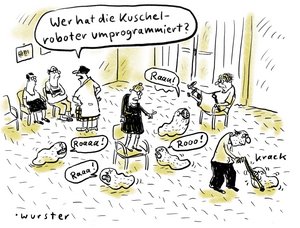 Karikatur: Aufenthaltsraum in einem Pflegeheim. Auf dessen Boden sind Pflegeroboter, die auf die Bewohner angreifen. Eine Pflegerin fragt in den Raum: "Wer hat die Kuschelroboter umpogrammiert?"