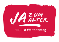 Postkarte: Rot angemalt, ca 1mm Abstand. Aufdruck in weißer Schrift: JA zum Alter. 1.10. ist Weltaltentag.