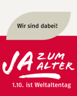 Auf rotem Hintergrund steht der Schriftzug "JA zum Alter 1.10. ist Weltaltentag." Oberhalb ist ein stilisiertes graues Blatt, darauf steht "Wir sind dabei"