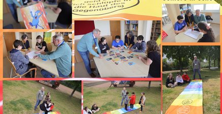 Foto-Collage, die Senioren mit SchülerInnen in Aktionen bei der Mediation (=Konfliktlösung) zeigt